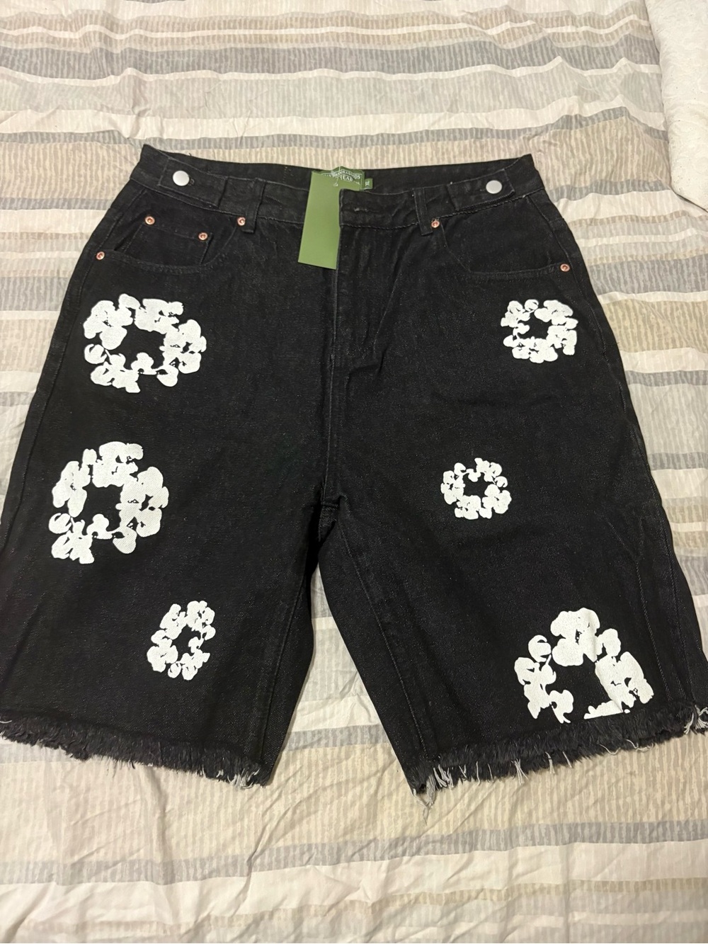 Black Washed Denim Shorts with White Floral Prints